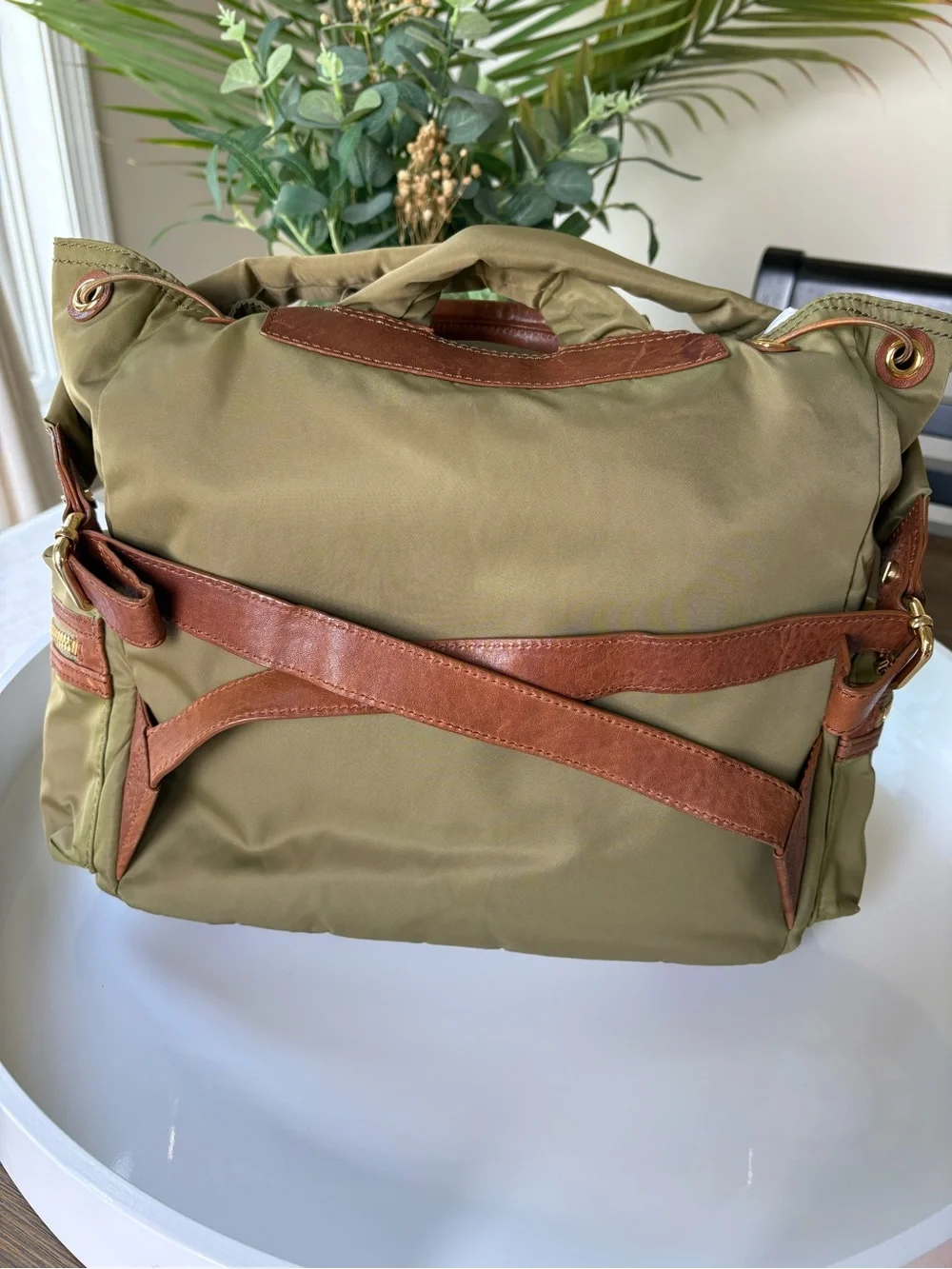 Tory Burch Olive Green Nylon Backpack with Brown Trim and Gold Hardware Tory Burch Olive Green Nylon Backpack with Brown Trim and  main image 3